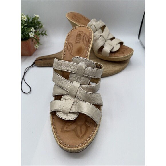 Born Sandals Tan Leather Woven Wedge Block Heel Slip-on Cross Strap Women Sz 9 - Picture 2 of 13